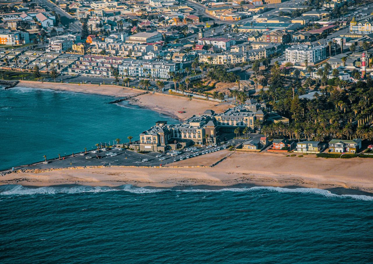 Aerial view of Swakopmund's Mole and beachfront on the Namibian Atlantic coast