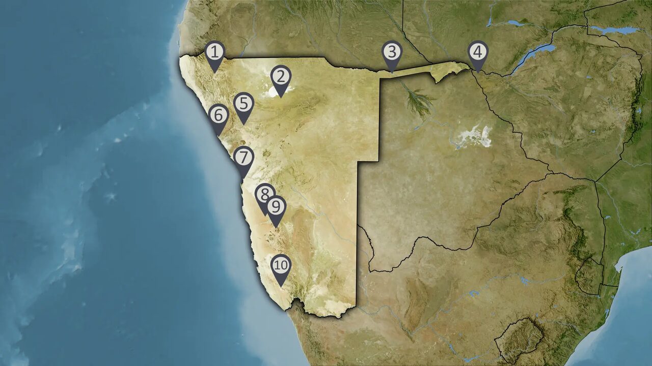 Map of Namibia with numbered pins marking the main regions used in our itineraries
